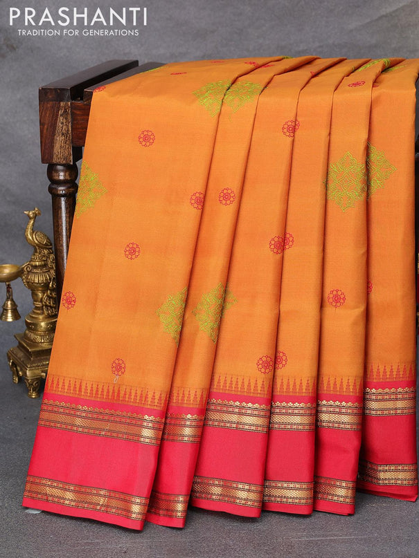 Kanjivaram silk saree mustard yellow and red with allover embroidery kasuti work and temple design rettapet zari woven border - {{ collection.title }} by Prashanti Sarees