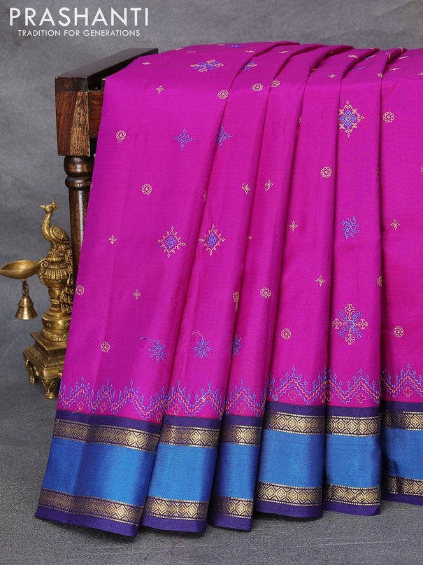 Kanjivaram silk saree purple and blue with allover embroidery kasuti work and rettapet zari woven border - {{ collection.title }} by Prashanti Sarees