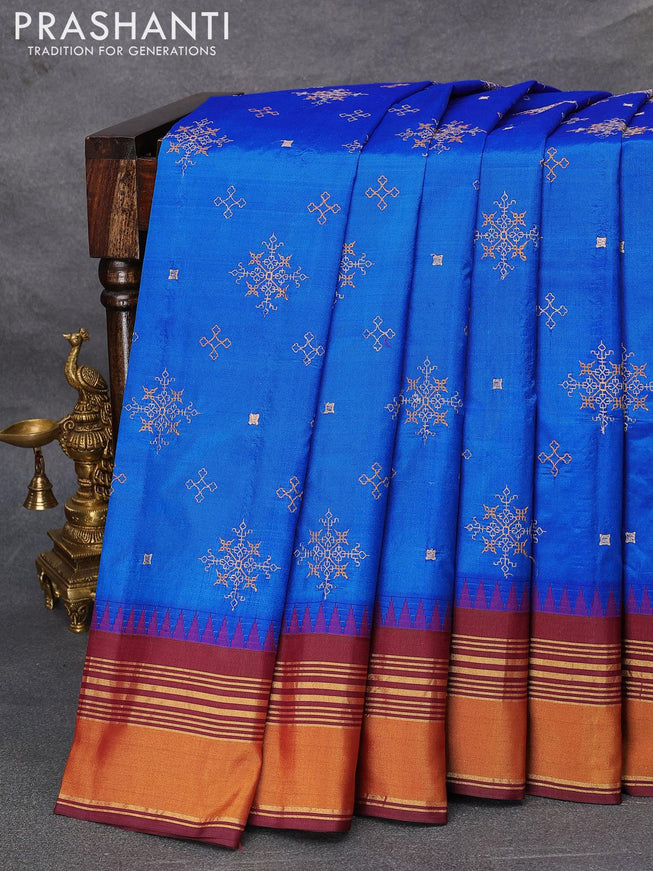 Kanjivaram silk saree royal blue and maroon with allover embroidery kasuti work and temple design zari border - {{ collection.title }} by Prashanti Sarees