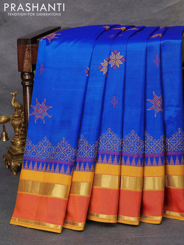 Kanjivaram silk saree royal blue and mustard yellow with allover embroidery kasuti work and temple design rettapet zari woven border - {{ collection.title }} by Prashanti Sarees