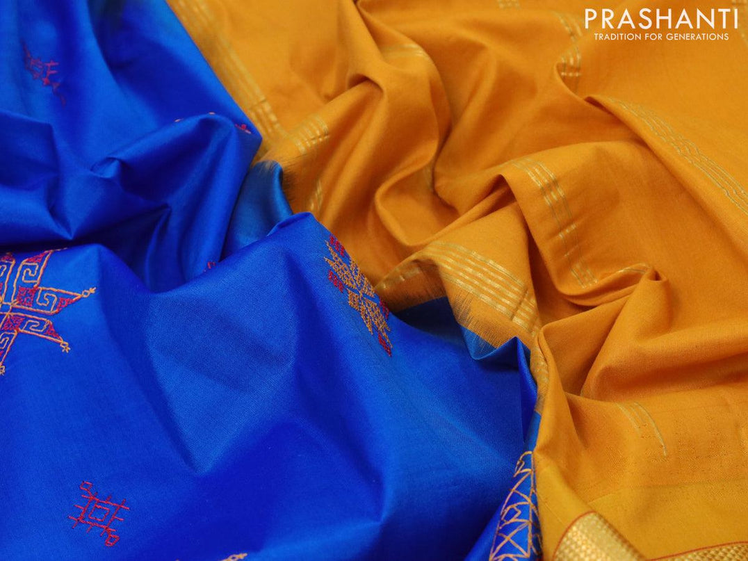 Kanjivaram silk saree royal blue and mustard yellow with allover embroidery kasuti work and temple design rettapet zari woven border - {{ collection.title }} by Prashanti Sarees