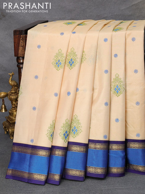 Kanjivaram silk saree sandal and blue with allover embroidery kasuti work and rettapet zari woven border - {{ collection.title }} by Prashanti Sarees