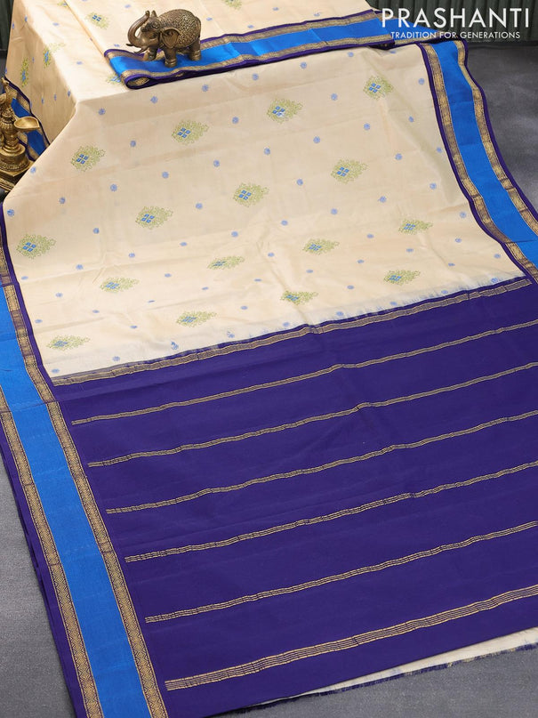 Kanjivaram silk saree sandal and blue with allover embroidery kasuti work and rettapet zari woven border - {{ collection.title }} by Prashanti Sarees