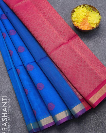 Kora silk cotton saree blue and pink with thread woven buttas and zari woven simple border - {{ collection.title }} by Prashanti Sarees