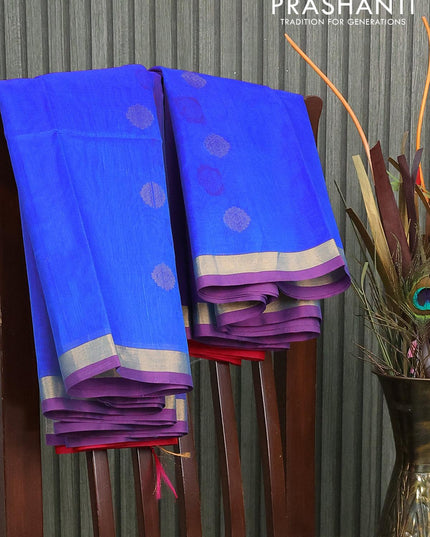 Kora silk cotton saree blue and pink with thread woven buttas and zari woven simple border - {{ collection.title }} by Prashanti Sarees