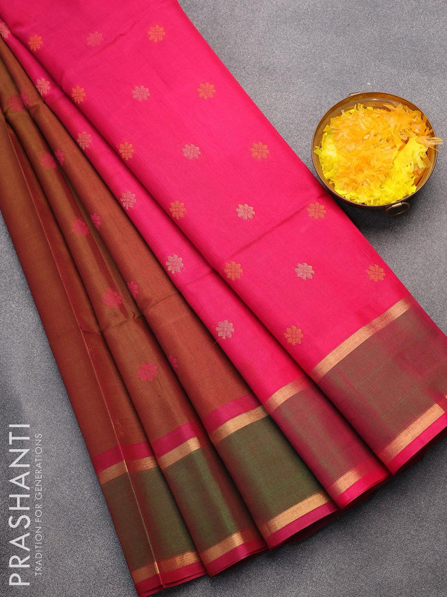 Kora silk cotton saree dual shade of maroonish green and pink with thread & zari woven floral buttas and rettapet zari woven border - {{ collection.title }} by Prashanti Sarees