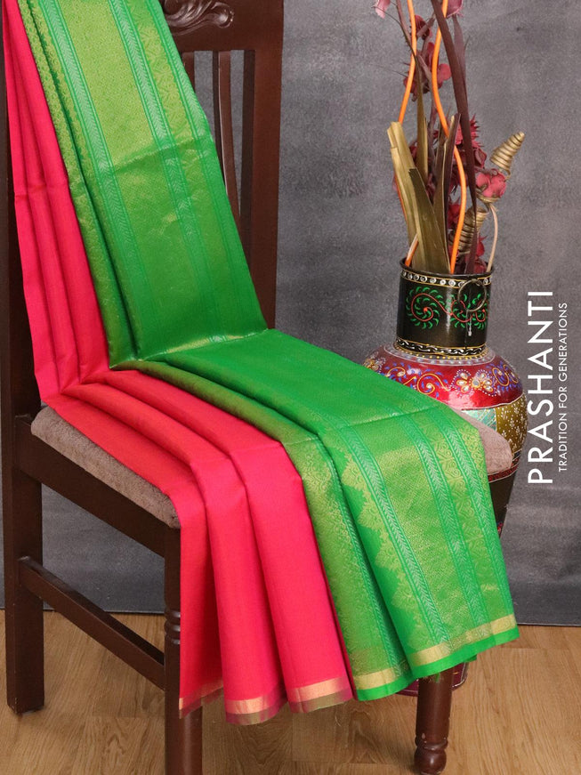 Kora silk cotton saree dual shade of pink and green with silver & gold zari woven buttas and small zari woven border - {{ collection.title }} by Prashanti Sarees