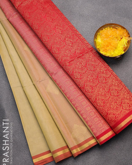 Kora silk cotton saree elaichi green and red with zari woven buttas and small zari woven border - {{ collection.title }} by Prashanti Sarees