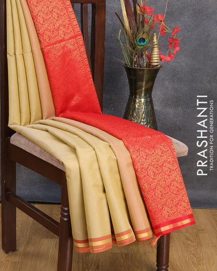Kora silk cotton saree elaichi green and red with zari woven buttas and small zari woven border - {{ collection.title }} by Prashanti Sarees
