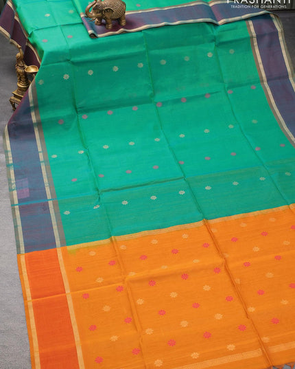 Kora silk cotton saree green shade and mustard yellow with thread & zari woven buttas and rettapet zari woven border - {{ collection.title }} by Prashanti Sarees