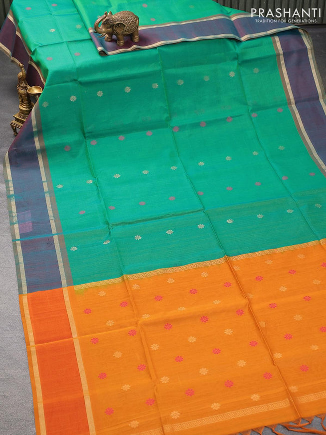 Kora silk cotton saree green shade and mustard yellow with thread & zari woven buttas and rettapet zari woven border - {{ collection.title }} by Prashanti Sarees