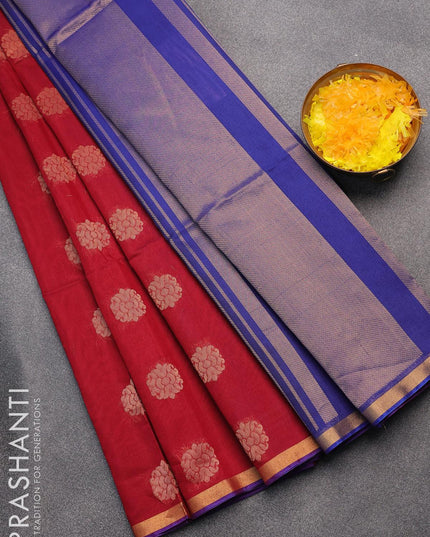Kora silk cotton saree maroon and blue with zari woven buttas and zari woven simple border - {{ collection.title }} by Prashanti Sarees