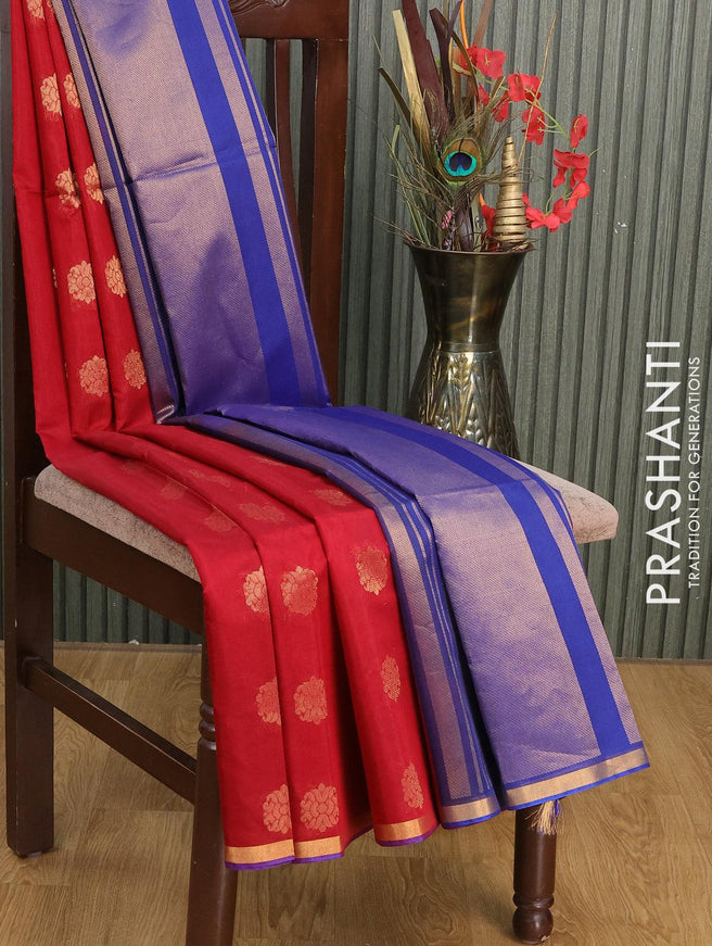 Kora silk cotton saree maroon and blue with zari woven buttas and zari woven simple border - {{ collection.title }} by Prashanti Sarees