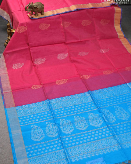 Kora silk cotton saree pink and light blue with silver & gold woven buttas and zari woven border - {{ collection.title }} by Prashanti Sarees