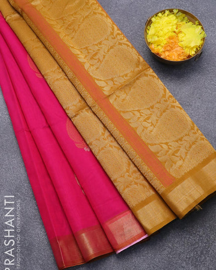 Kora silk cotton saree pink and mustard shade with thread woven buttas and zari woven border - {{ collection.title }} by Prashanti Sarees