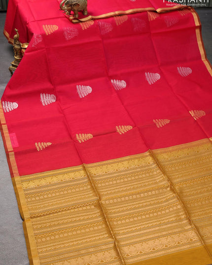 Kora silk cotton saree pink and mustard yellow with zari woven buttas and zari woven border - {{ collection.title }} by Prashanti Sarees