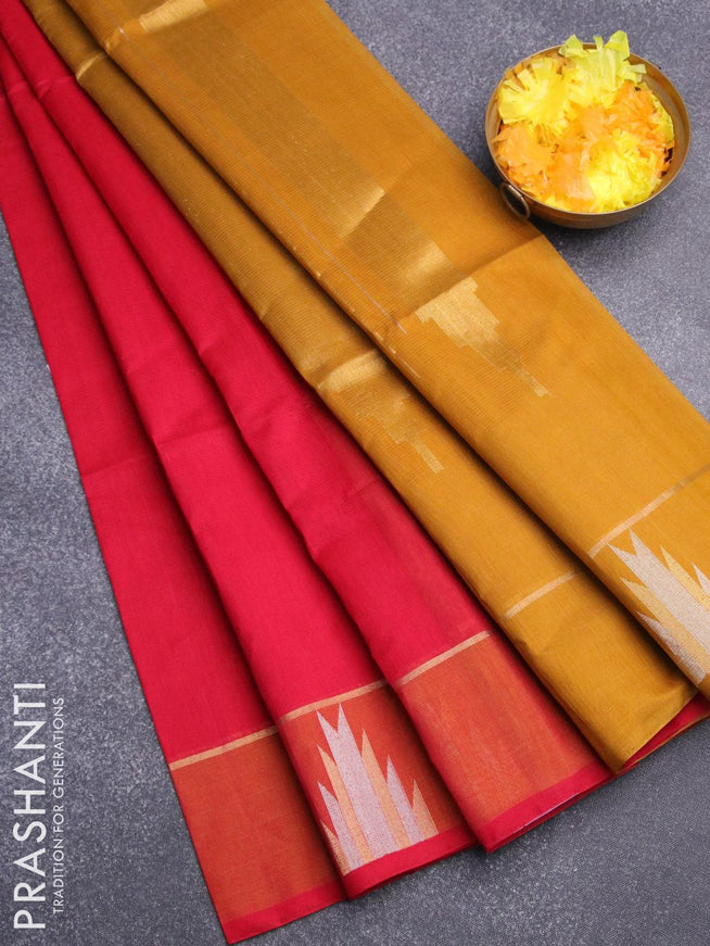 Kora silk cotton saree red and mustard yellow with plain body and zari woven butta border - {{ collection.title }} by Prashanti Sarees