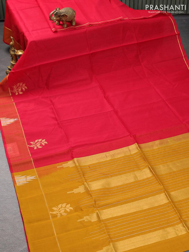 Kora silk cotton saree red and mustard yellow with plain body and zari woven butta border - {{ collection.title }} by Prashanti Sarees