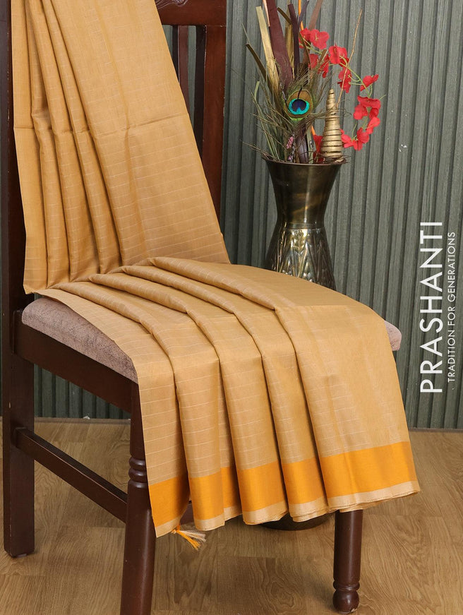 Kora silk cotton saree sandal and mustard yellow with allover stripe pattern and simple border - {{ collection.title }} by Prashanti Sarees