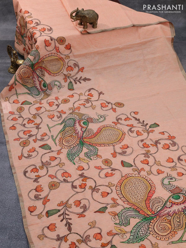 Kota saree orange with allover kalamkari applique work in borderless style - {{ collection.title }} by Prashanti Sarees