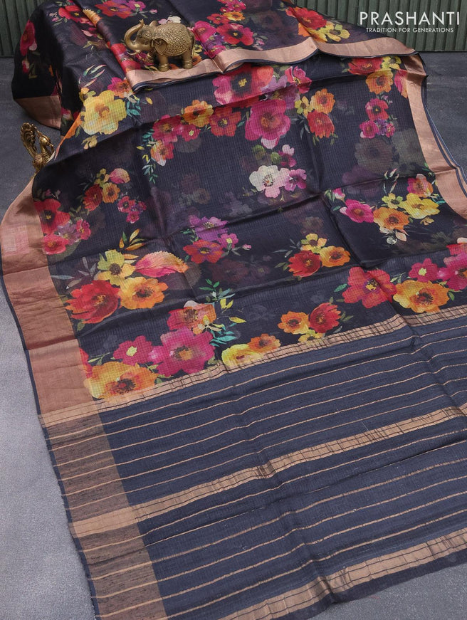 Kota tussar silk saree black with floral digital prints and zari woven border - {{ collection.title }} by Prashanti Sarees
