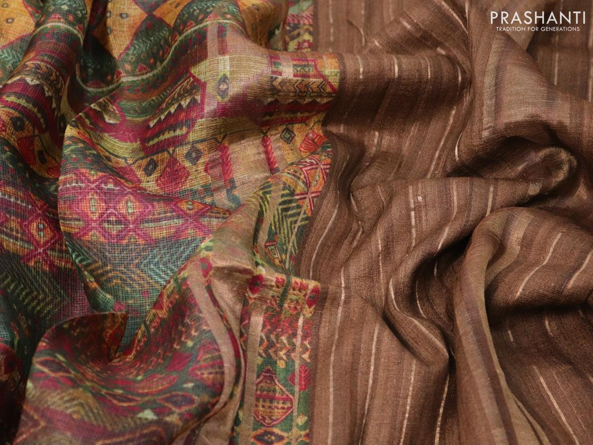 Kota tussar silk saree brown with allover digital prints and zari woven border - {{ collection.title }} by Prashanti Sarees
