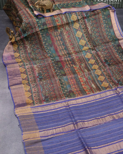 Kota tussar silk saree dark green and blue with allover digital prints and zari woven border - {{ collection.title }} by Prashanti Sarees