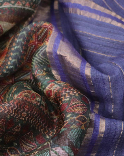 Kota tussar silk saree dark green and blue with allover digital prints and zari woven border - {{ collection.title }} by Prashanti Sarees