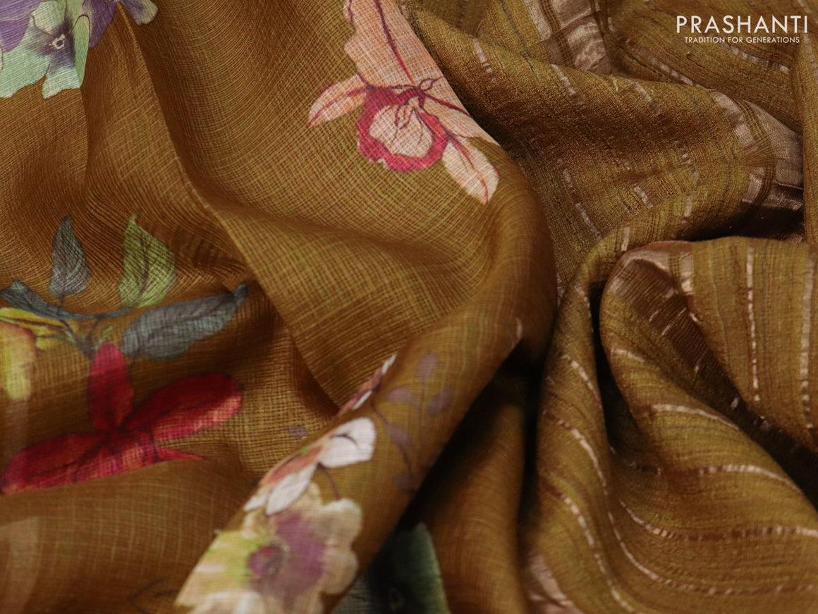 Kota tussar silk saree dark mustard with floral digital prints and zari woven border - {{ collection.title }} by Prashanti Sarees
