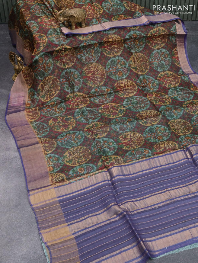 Kota tussar silk saree green shade and blue with digital prints and zari woven border - {{ collection.title }} by Prashanti Sarees
