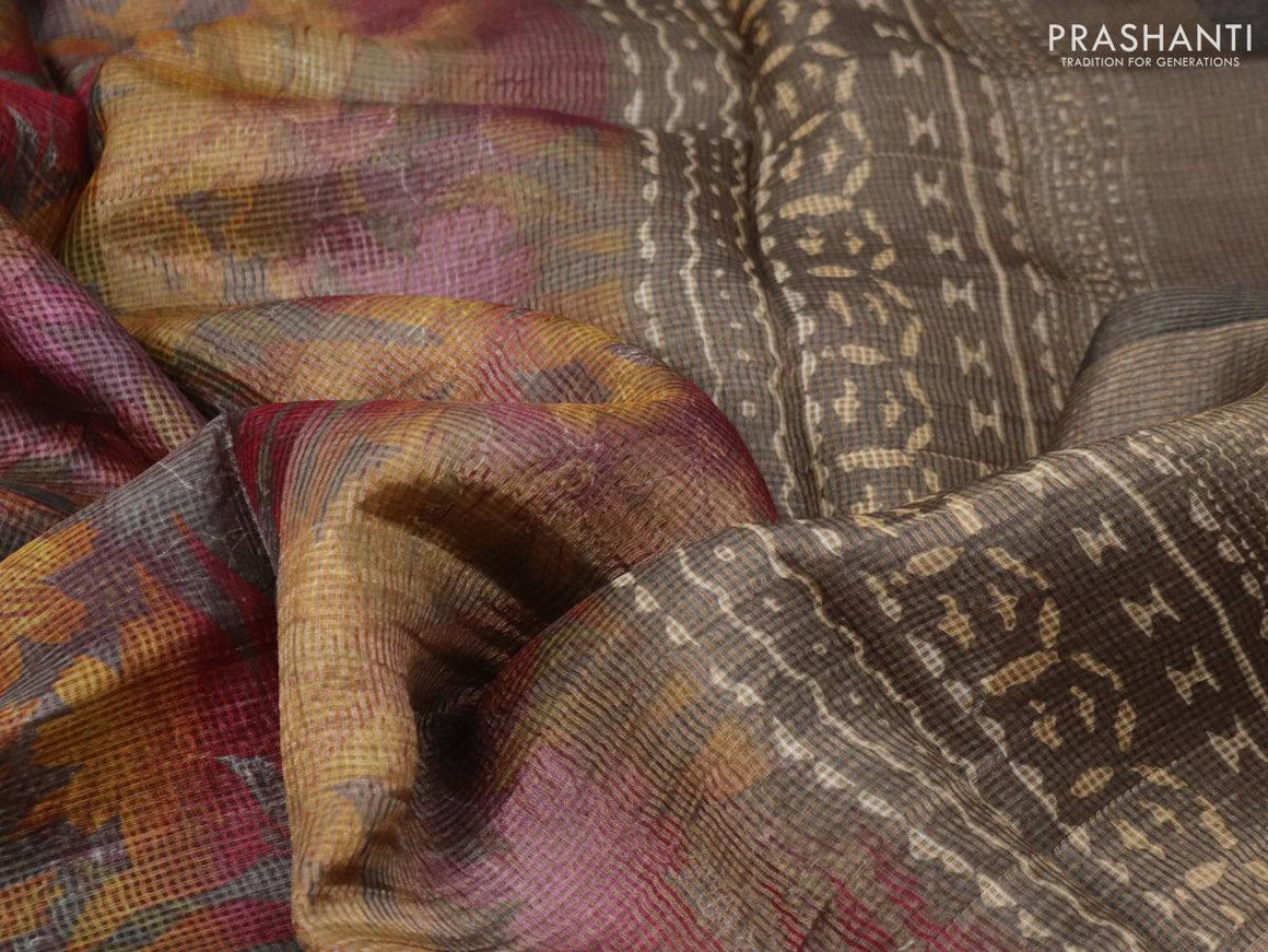 Kota tussar silk saree grey shade with floral digital prints and zari woven border - {{ collection.title }} by Prashanti Sarees