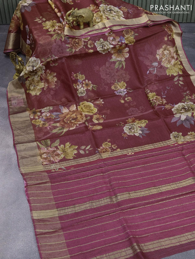 Kota tussar silk saree magenta pink with floral digital prints and zari woven border - {{ collection.title }} by Prashanti Sarees