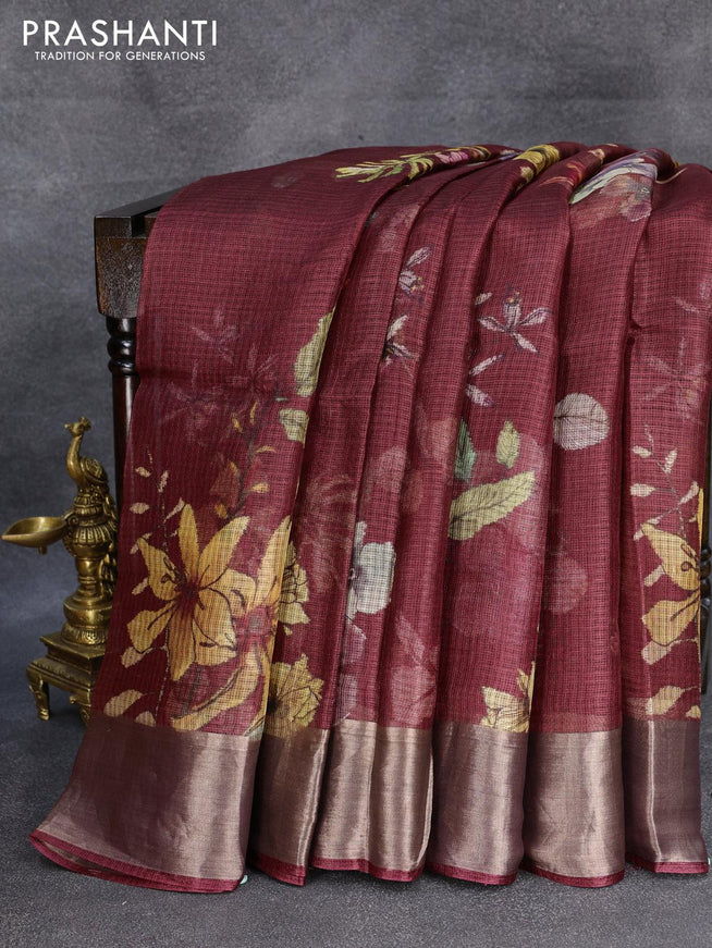 Kota tussar silk saree maroon with floral digital prints and zari woven border - {{ collection.title }} by Prashanti Sarees