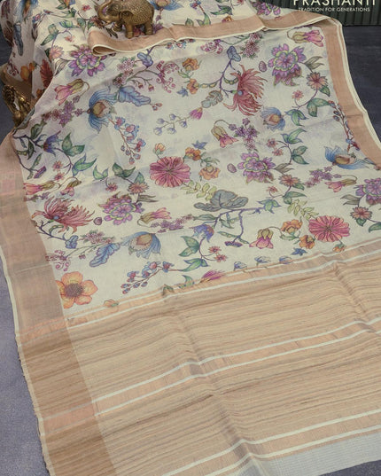 Kota tussar silk saree off white with floral digital prints and zari woven border - {{ collection.title }} by Prashanti Sarees