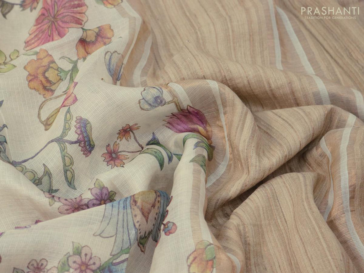 Kota tussar silk saree off white with floral digital prints and zari woven border - {{ collection.title }} by Prashanti Sarees