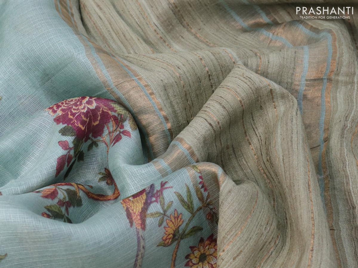 Kota tussar silk saree pastel blue shade with floral digital prints and zari woven border - {{ collection.title }} by Prashanti Sarees