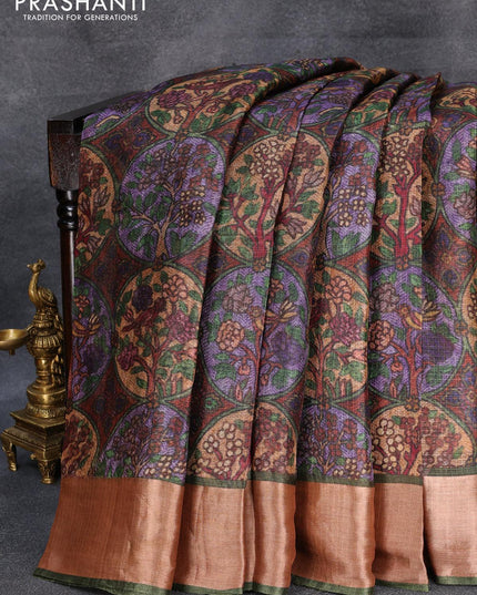 Kota tussar silk saree sap green shade with digital prints and zari woven border - {{ collection.title }} by Prashanti Sarees