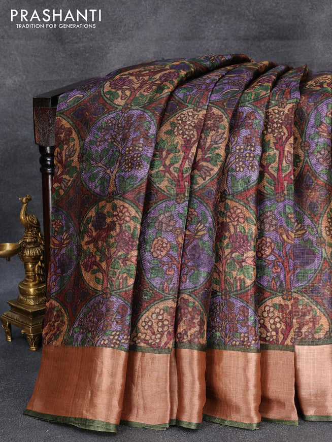 Kota tussar silk saree sap green shade with digital prints and zari woven border - {{ collection.title }} by Prashanti Sarees