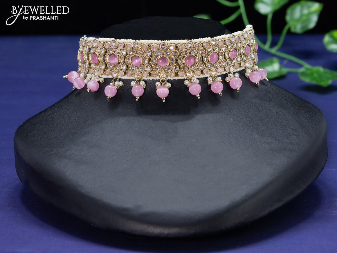 Kundan baby pink choker with baby pink beads hangings & pearl hangings and maang tikka - {{ collection.title }} by Prashanti Sarees