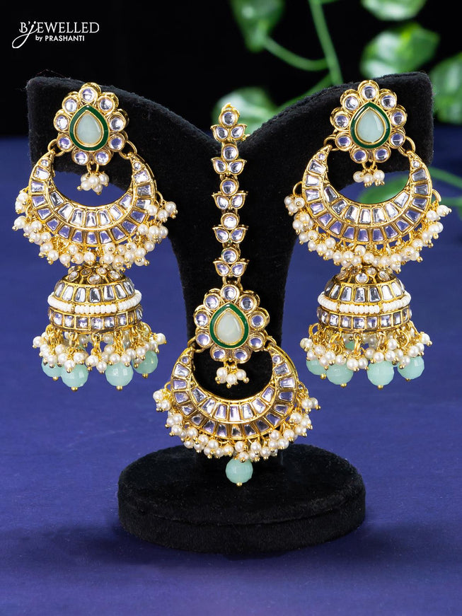 Kundan mint green necklace guttapusalu & beads hangings with maang tikka - {{ collection.title }} by Prashanti Sarees