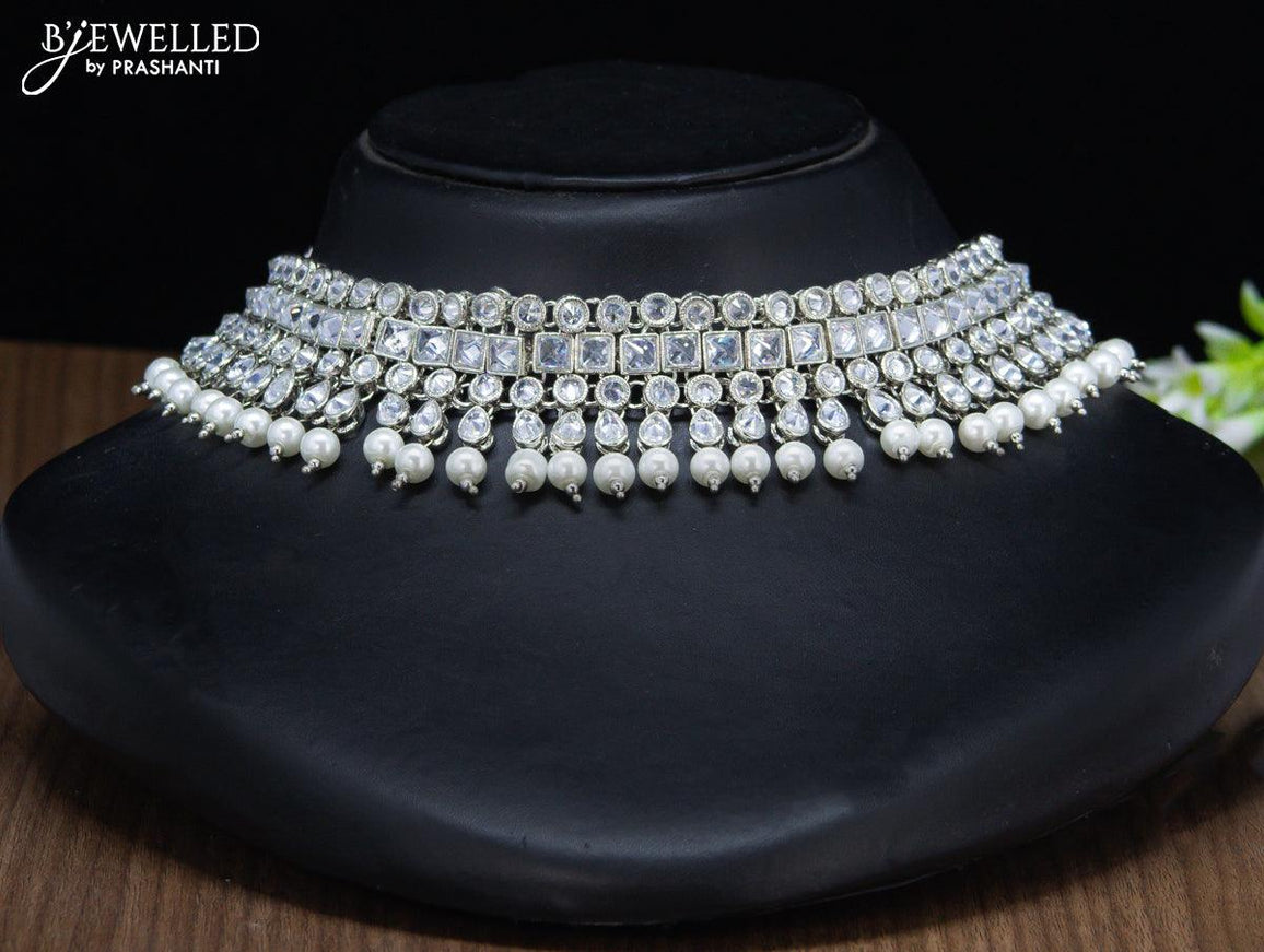 Kundan necklace white stones and pearls with maang tikka - {{ collection.title }} by Prashanti Sarees