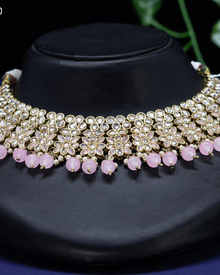 Kundan necklace with baby pink beads hangings and maang tikka - {{ collection.title }} by Prashanti Sarees