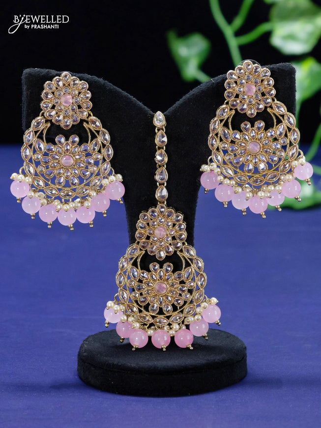 Kundan necklace with baby pink beads hangings and maang tikka - {{ collection.title }} by Prashanti Sarees