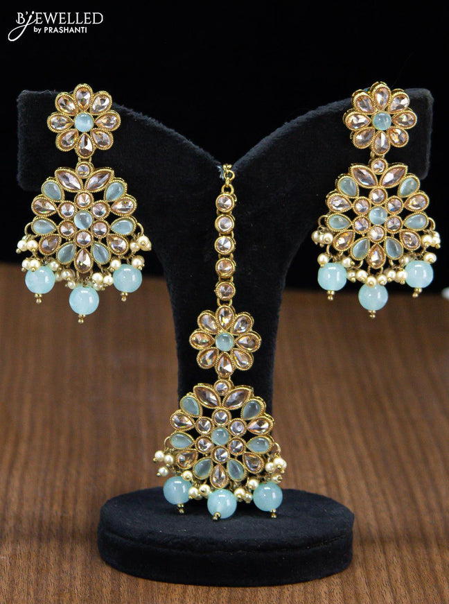 Kundan necklace with ice blue beads and maang tikka - {{ collection.title }} by Prashanti Sarees