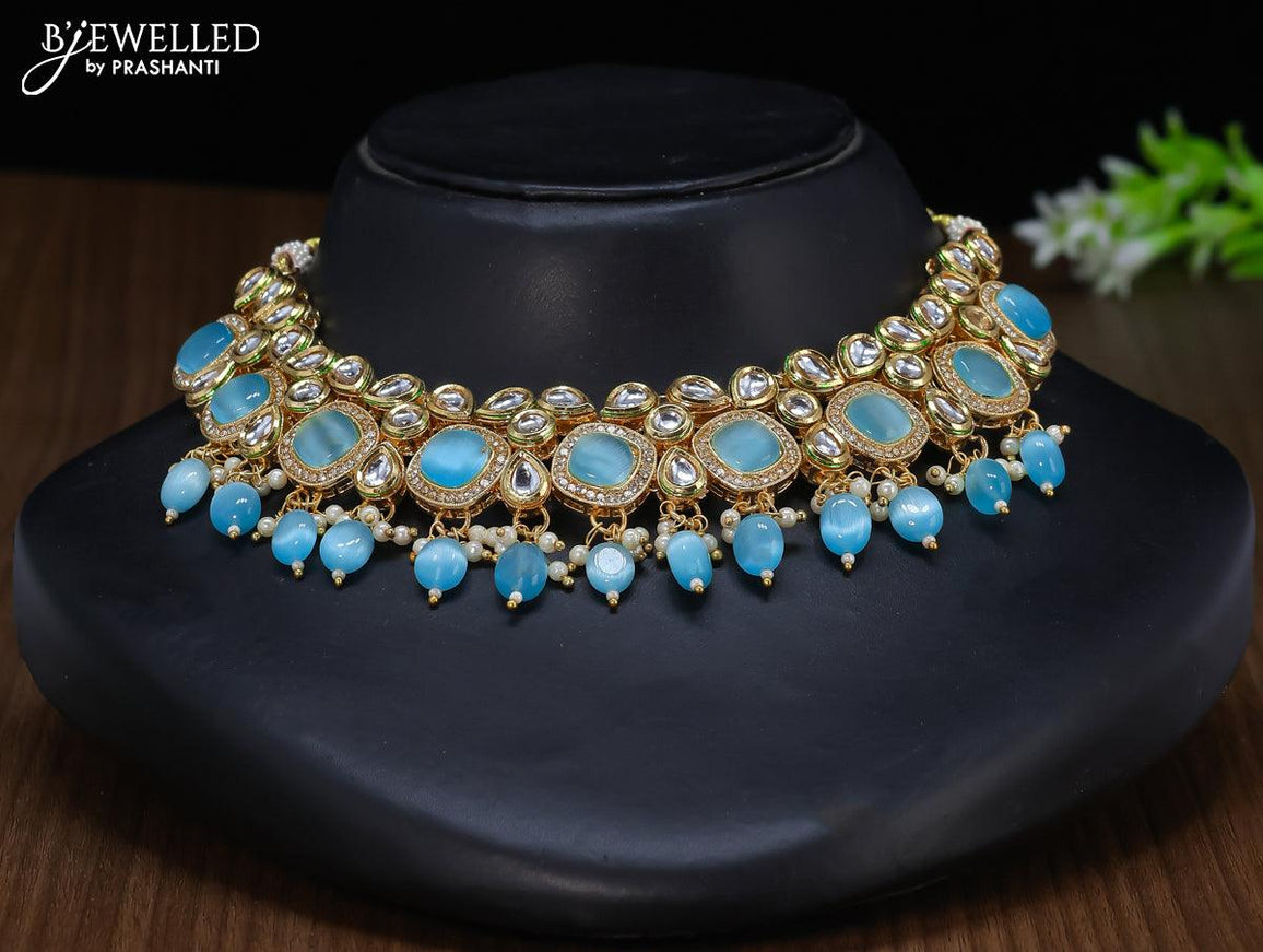 Kundan necklace with light blue stones and hangings - {{ collection.title }} by Prashanti Sarees