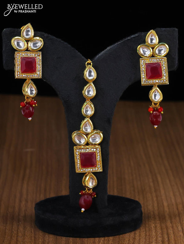 Kundan necklace with maroon stones and maang tikka - {{ collection.title }} by Prashanti Sarees
