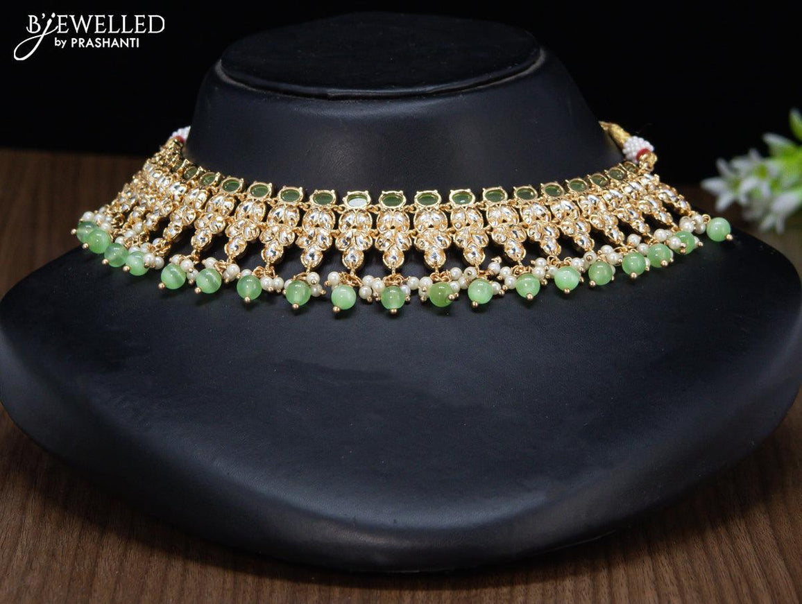 Kundan necklace with mint green and white stone - {{ collection.title }} by Prashanti Sarees