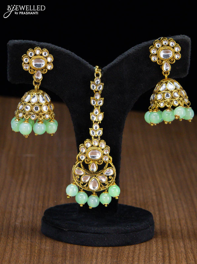 Kundan necklace with mint green beads and maang tikka - {{ collection.title }} by Prashanti Sarees