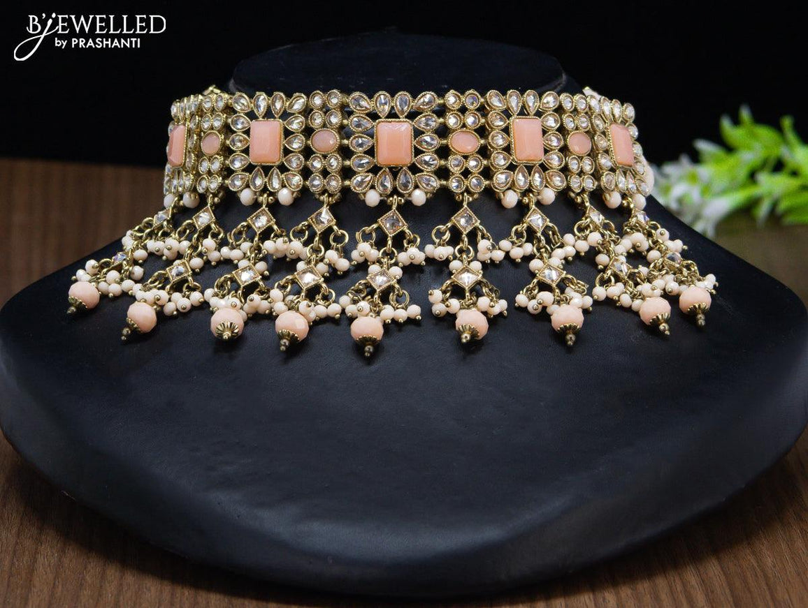 Kundan necklace with peach beads hangings and maang tikka - {{ collection.title }} by Prashanti Sarees