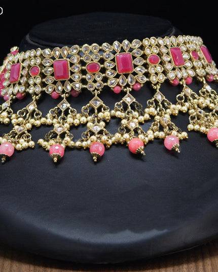 Kundan necklace with peach pink beads hangings and maang tikka - {{ collection.title }} by Prashanti Sarees